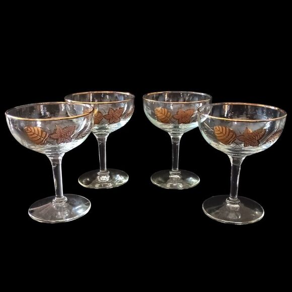 4 Libbey Gold Maple Leaf Champagne Glasses Cordial Wine Martini MAD MEN MCM - Picture 12 of 16